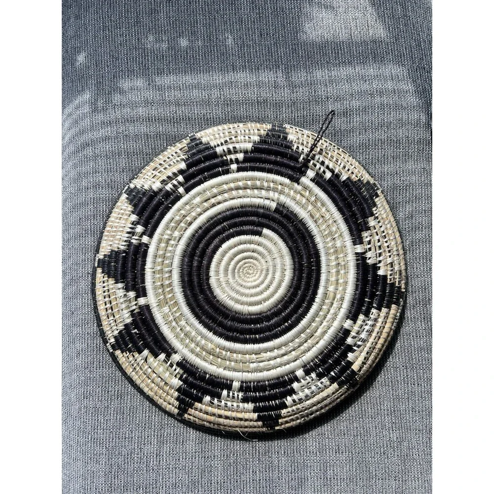 Round Woven Hanging Basket Black & Beige 17 in Coiled Wall Basket Geometric